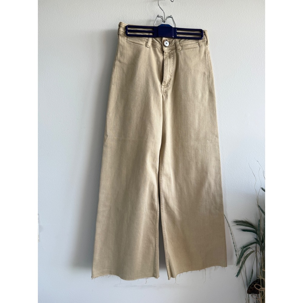 Maeve High Rise Wide Leg Khaki Tan Pants Raw Hem Stretch Cotton Tencel 26